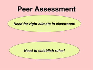 Peer Assessment Need for right climate in classroom! Need to establish rules! 