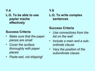 Y.4 L.O. To be able to use papier mache effectively Success Criteria Make sure that the paper pieces are small Cover the surface thoroughly with paper pieces Paste-wet, not dripping! Y.6 L.O. To write complex sentences Success Criteria Use connectives from the list on the wall Include a main and a sub-ordinate clause Vary the position of the subordinate clause 