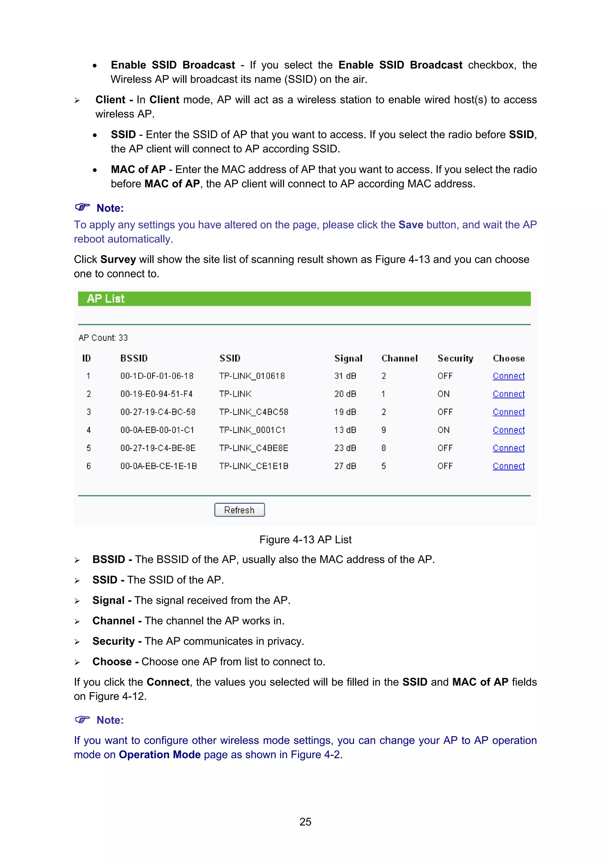 25
• Enable SSID Broadcast - If you select the Enable SSID Broadcast checkbox, the
Wireless AP will broadcast its name (SSID) on the air.
Client - In Client mode, AP will act as a wireless station to enable wired host(s) to access
wireless AP.
• SSID - Enter the SSID of AP that you want to access. If you select the radio before SSID,
the AP client will connect to AP according SSID.
• MAC of AP - Enter the MAC address of AP that you want to access. If you select the radio
before MAC of AP, the AP client will connect to AP according MAC address.
Note:
To apply any settings you have altered on the page, please click the Save button, and wait the AP
reboot automatically.
Click Survey will show the site list of scanning result shown as Figure 4-13 and you can choose
one to connect to.
Figure 4-13 AP List
BSSID - The BSSID of the AP, usually also the MAC address of the AP.
SSID - The SSID of the AP.
Signal - The signal received from the AP.
Channel - The channel the AP works in.
Security - The AP communicates in privacy.
Choose - Choose one AP from list to connect to.
If you click the Connect, the values you selected will be filled in the SSID and MAC of AP fields
on Figure 4-12.
Note:
If you want to configure other wireless mode settings, you can change your AP to AP operation
mode on Operation Mode page as shown in Figure 4-2.
 