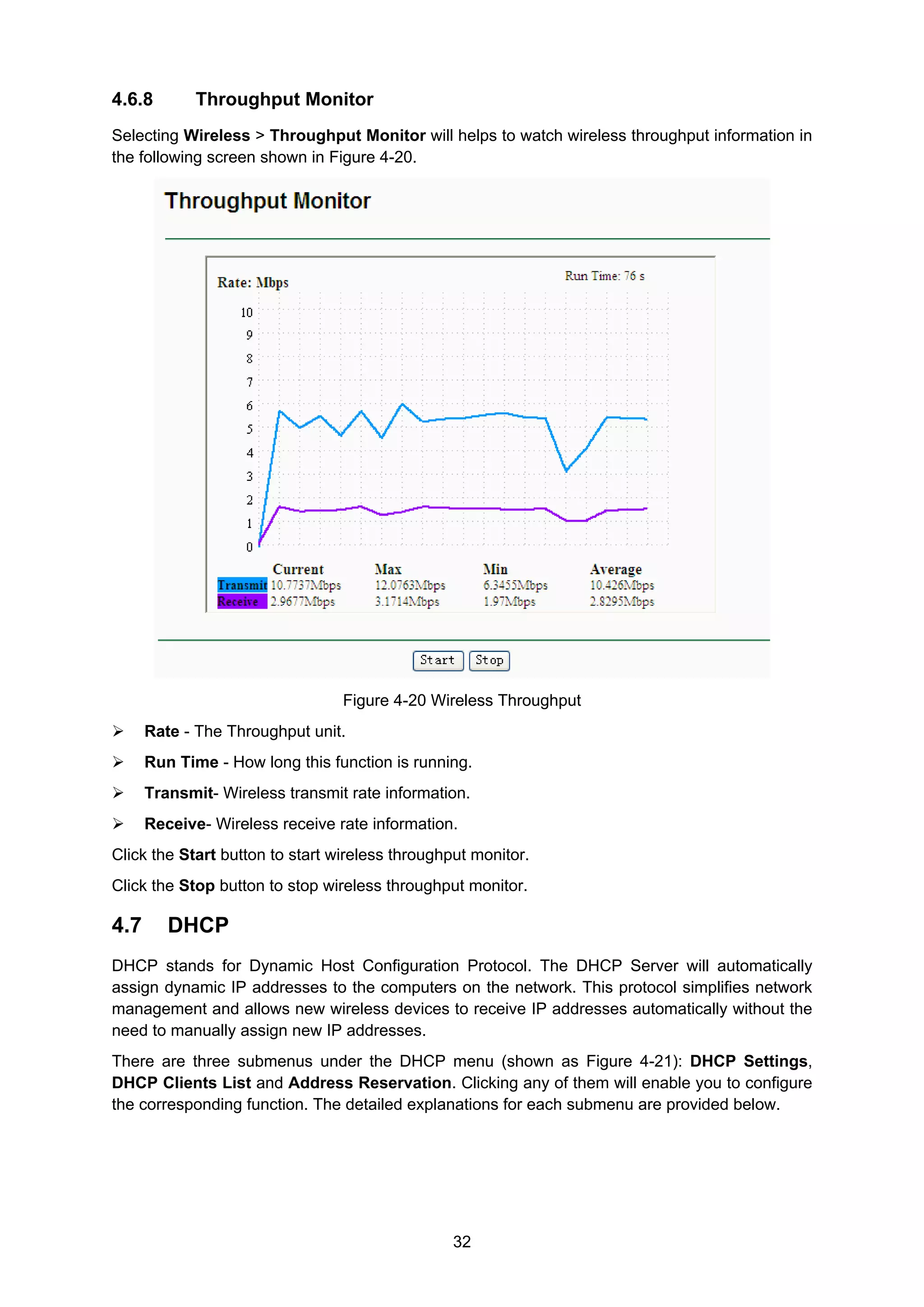 32
4.6.8 Throughput Monitor
Selecting Wireless > Throughput Monitor will helps to watch wireless throughput information in
the following screen shown in Figure 4-20.
Figure 4-20 Wireless Throughput
Rate - The Throughput unit.
Run Time - How long this function is running.
Transmit- Wireless transmit rate information.
Receive- Wireless receive rate information.
Click the Start button to start wireless throughput monitor.
Click the Stop button to stop wireless throughput monitor.
4.7 DHCP
DHCP stands for Dynamic Host Configuration Protocol. The DHCP Server will automatically
assign dynamic IP addresses to the computers on the network. This protocol simplifies network
management and allows new wireless devices to receive IP addresses automatically without the
need to manually assign new IP addresses.
There are three submenus under the DHCP menu (shown as Figure 4-21): DHCP Settings,
DHCP Clients List and Address Reservation. Clicking any of them will enable you to configure
the corresponding function. The detailed explanations for each submenu are provided below.
 