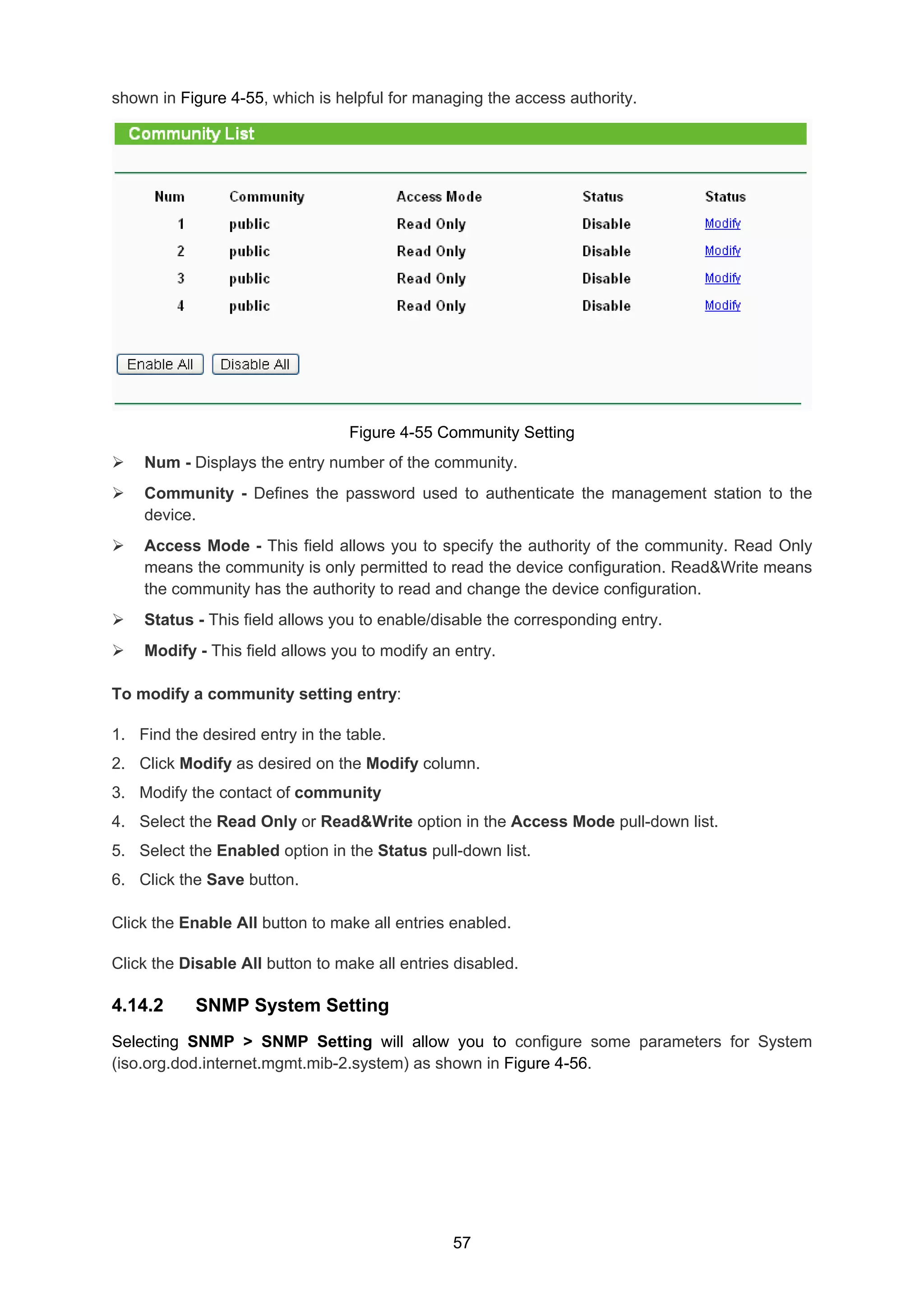 57
shown in Figure 4-55, which is helpful for managing the access authority.
Figure 4-55 Community Setting
Num - Displays the entry number of the community.
Community - Defines the password used to authenticate the management station to the
device.
Access Mode - This field allows you to specify the authority of the community. Read Only
means the community is only permitted to read the device configuration. Read&Write means
the community has the authority to read and change the device configuration.
Status - This field allows you to enable/disable the corresponding entry.
Modify - This field allows you to modify an entry.
To modify a community setting entry:
1. Find the desired entry in the table.
2. Click Modify as desired on the Modify column.
3. Modify the contact of community
4. Select the Read Only or Read&Write option in the Access Mode pull-down list.
5. Select the Enabled option in the Status pull-down list.
6. Click the Save button.
Click the Enable All button to make all entries enabled.
Click the Disable All button to make all entries disabled.
4.14.2 SNMP System Setting
Selecting SNMP > SNMP Setting will allow you to configure some parameters for System
(iso.org.dod.internet.mgmt.mib-2.system) as shown in Figure 4-56.
 