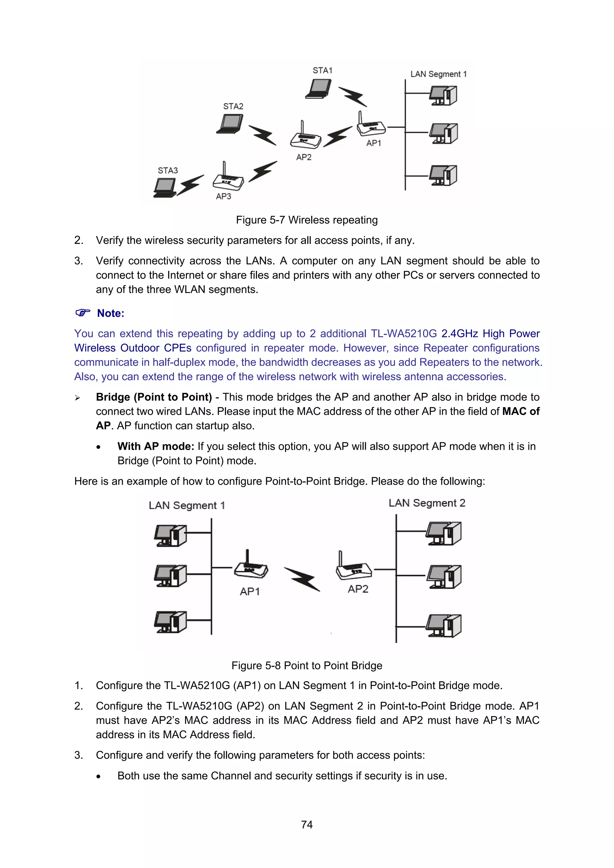 74
Figure 5-7 Wireless repeating
2. Verify the wireless security parameters for all access points, if any.
3. Verify connectivity across the LANs. A computer on any LAN segment should be able to
connect to the Internet or share files and printers with any other PCs or servers connected to
any of the three WLAN segments.
Note:
You can extend this repeating by adding up to 2 additional TL-WA5210G 2.4GHz High Power
Wireless Outdoor CPEs configured in repeater mode. However, since Repeater configurations
communicate in half-duplex mode, the bandwidth decreases as you add Repeaters to the network.
Also, you can extend the range of the wireless network with wireless antenna accessories.
Bridge (Point to Point) - This mode bridges the AP and another AP also in bridge mode to
connect two wired LANs. Please input the MAC address of the other AP in the field of MAC of
AP. AP function can startup also.
• With AP mode: If you select this option, you AP will also support AP mode when it is in
Bridge (Point to Point) mode.
Here is an example of how to configure Point-to-Point Bridge. Please do the following:
Figure 5-8 Point to Point Bridge
1. Configure the TL-WA5210G (AP1) on LAN Segment 1 in Point-to-Point Bridge mode.
2. Configure the TL-WA5210G (AP2) on LAN Segment 2 in Point-to-Point Bridge mode. AP1
must have AP2’s MAC address in its MAC Address field and AP2 must have AP1’s MAC
address in its MAC Address field.
3. Configure and verify the following parameters for both access points:
• Both use the same Channel and security settings if security is in use.
 