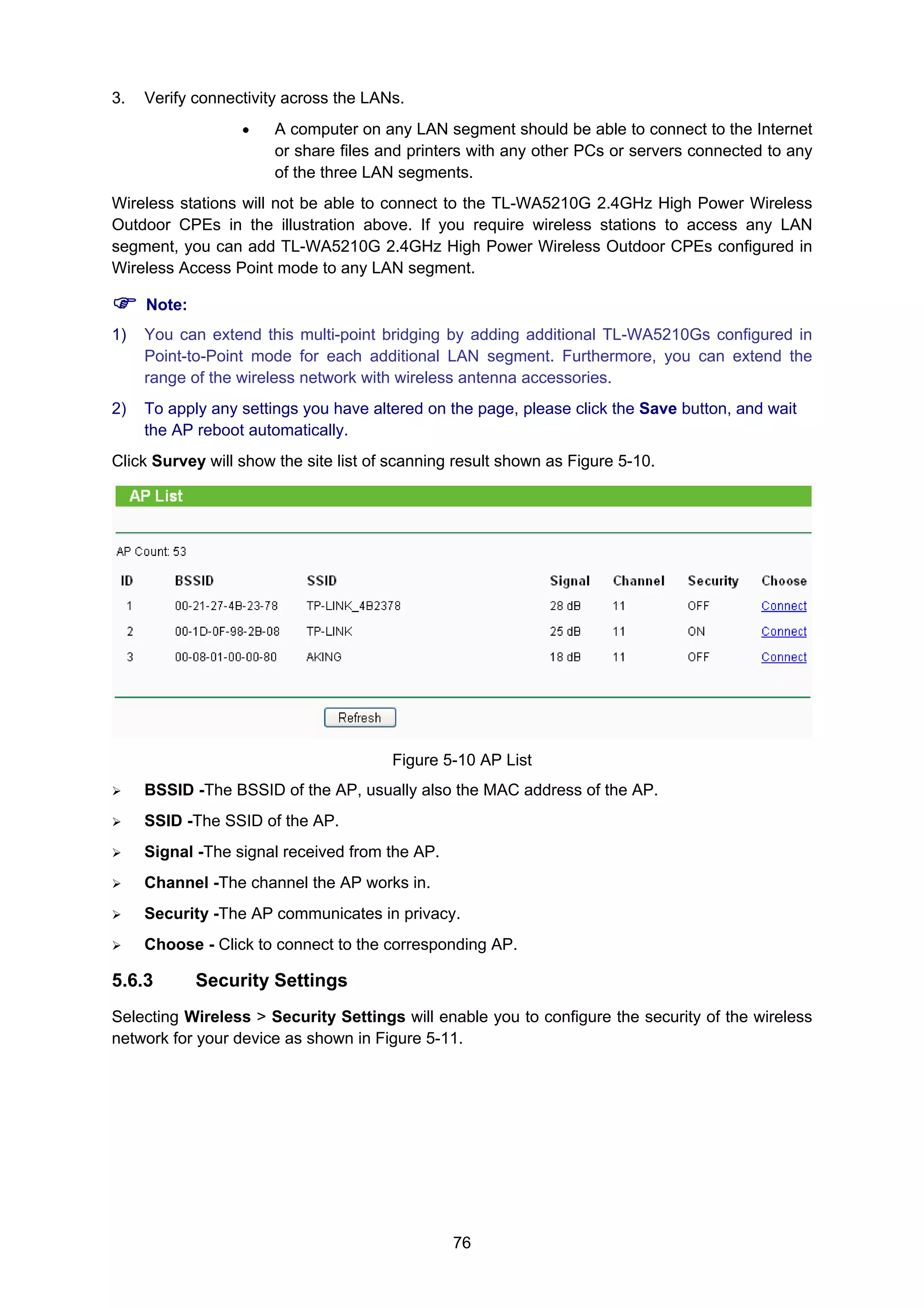 76
3. Verify connectivity across the LANs.
• A computer on any LAN segment should be able to connect to the Internet
or share files and printers with any other PCs or servers connected to any
of the three LAN segments.
Wireless stations will not be able to connect to the TL-WA5210G 2.4GHz High Power Wireless
Outdoor CPEs in the illustration above. If you require wireless stations to access any LAN
segment, you can add TL-WA5210G 2.4GHz High Power Wireless Outdoor CPEs configured in
Wireless Access Point mode to any LAN segment.
Note:
1) You can extend this multi-point bridging by adding additional TL-WA5210Gs configured in
Point-to-Point mode for each additional LAN segment. Furthermore, you can extend the
range of the wireless network with wireless antenna accessories.
2) To apply any settings you have altered on the page, please click the Save button, and wait
the AP reboot automatically.
Click Survey will show the site list of scanning result shown as Figure 5-10.
Figure 5-10 AP List
BSSID -The BSSID of the AP, usually also the MAC address of the AP.
SSID -The SSID of the AP.
Signal -The signal received from the AP.
Channel -The channel the AP works in.
Security -The AP communicates in privacy.
Choose - Click to connect to the corresponding AP.
5.6.3 Security Settings
Selecting Wireless > Security Settings will enable you to configure the security of the wireless
network for your device as shown in Figure 5-11.
 