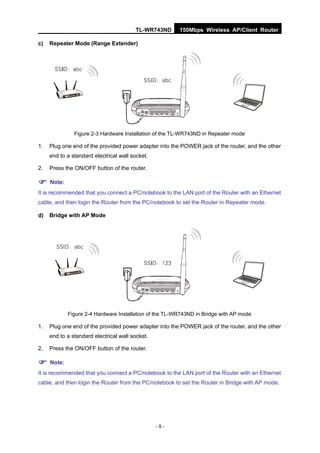 TL-WR743ND      150Mbps Wireless AP/Client Router

c)   Repeater Mode (Range Extender)




               Figure 2-3 Hardware Installation of the TL-WR743ND in Repeater mode

1.   Plug one end of the provided power adapter into the POWER jack of the router, and the other
     end to a standard electrical wall socket.

2.   Press the ON/OFF button of the router.

 Note:
It is recommended that you connect a PC/notebook to the LAN port of the Router with an Ethernet
cable, and then login the Router from the PC/notebook to set the Router in Repeater mode.

d)   Bridge with AP Mode




            Figure 2-4 Hardware Installation of the TL-WR743ND in Bridge with AP mode

1.   Plug one end of the provided power adapter into the POWER jack of the router, and the other
     end to a standard electrical wall socket.

2.   Press the ON/OFF button of the router.

 Note:
It is recommended that you connect a PC/notebook to the LAN port of the Router with an Ethernet
cable, and then login the Router from the PC/notebook to set the Router in Bridge with AP mode.




                                                 -9-
 