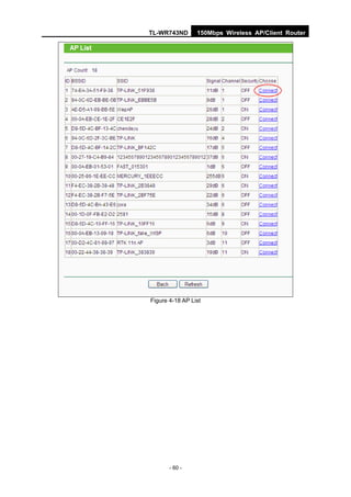 TL-WR743ND       150Mbps Wireless AP/Client Router




Figure 4-18 AP List




       - 60 -
 