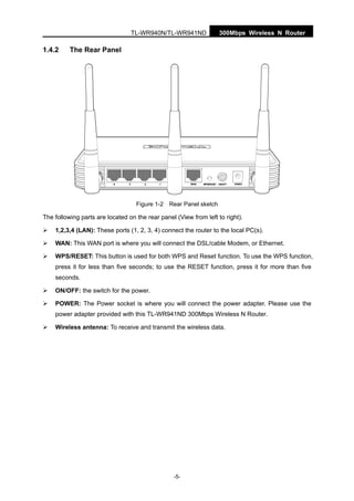 300Mbps Wireless N RouterTL-WR940N/TL-WR941ND
-5-
1.4.2 The Rear Panel
Figure 1-2 Rear Panel sketch
The following parts are located on the rear panel (View from left to right).
1,2,3,4 (LAN): These ports (1, 2, 3, 4) connect the router to the local PC(s).
WAN: This WAN port is where you will connect the DSL/cable Modem, or Ethernet.
WPS/RESET: This button is used for both WPS and Reset function. To use the WPS function,
press it for less than five seconds; to use the RESET function, press it for more than five
seconds.
ON/OFF: the switch for the power.
POWER: The Power socket is where you will connect the power adapter. Please use the
power adapter provided with this TL-WR941ND 300Mbps Wireless N Router.
Wireless antenna: To receive and transmit the wireless data.
 