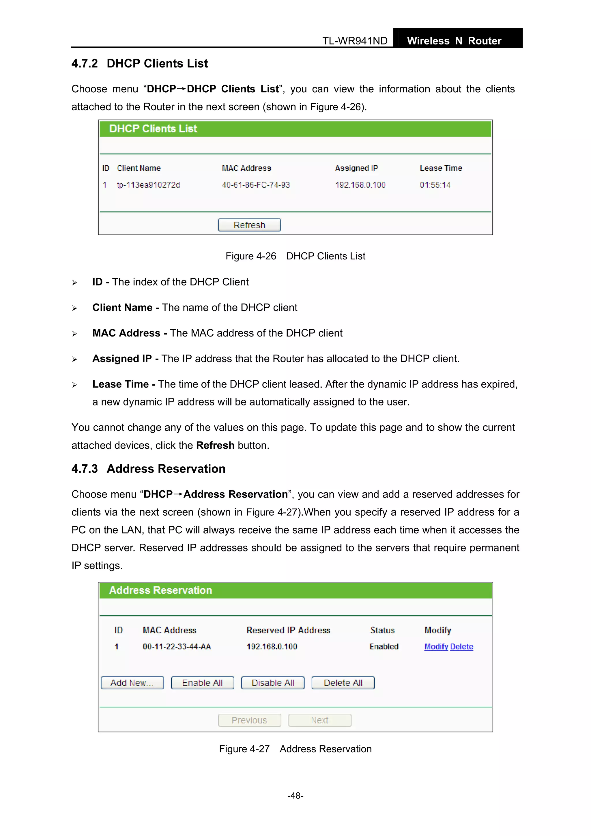 TL-WR941ND

Wireless N Router

4.7.2 DHCP Clients List
Choose menu “DHCP→DHCP Clients List”, you can view the information about the clients
attached to the Router in the next screen (shown in Figure 4-26).

Figure 4-26 DHCP Clients List

ID - The index of the DHCP Client
Client Name - The name of the DHCP client
MAC Address - The MAC address of the DHCP client
Assigned IP - The IP address that the Router has allocated to the DHCP client.
Lease Time - The time of the DHCP client leased. After the dynamic IP address has expired,
a new dynamic IP address will be automatically assigned to the user.
You cannot change any of the values on this page. To update this page and to show the current
attached devices, click the Refresh button.

4.7.3 Address Reservation
Choose menu “DHCP→Address Reservation”, you can view and add a reserved addresses for
clients via the next screen (shown in Figure 4-27).When you specify a reserved IP address for a
PC on the LAN, that PC will always receive the same IP address each time when it accesses the
DHCP server. Reserved IP addresses should be assigned to the servers that require permanent
IP settings.

Figure 4-27 Address Reservation

-48-

 