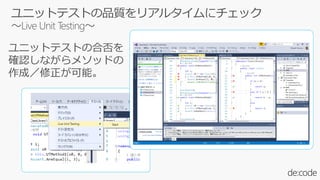 ユニットテストの合否を
確認しながらメソッドの
作成／修正が可能。
 