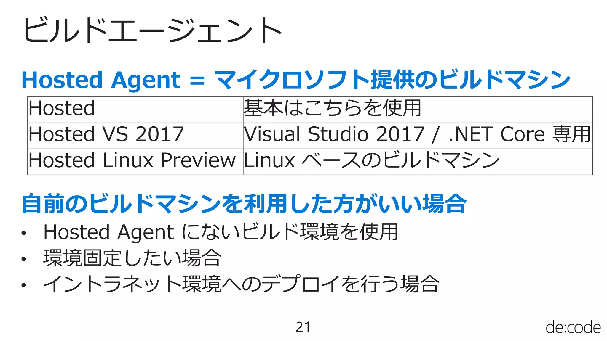 ビルドエージェント
21
• Hosted Agent にないビルド環境を使用
• 環境固定したい場合
• イントラネット環境へのデプロイを行う場合
Hosted 基本はこちらを使用
Hosted VS 2017 Visual Studio 2017 / .NET Core 専用
Hosted Linux Preview Linux ベースのビルドマシン
 