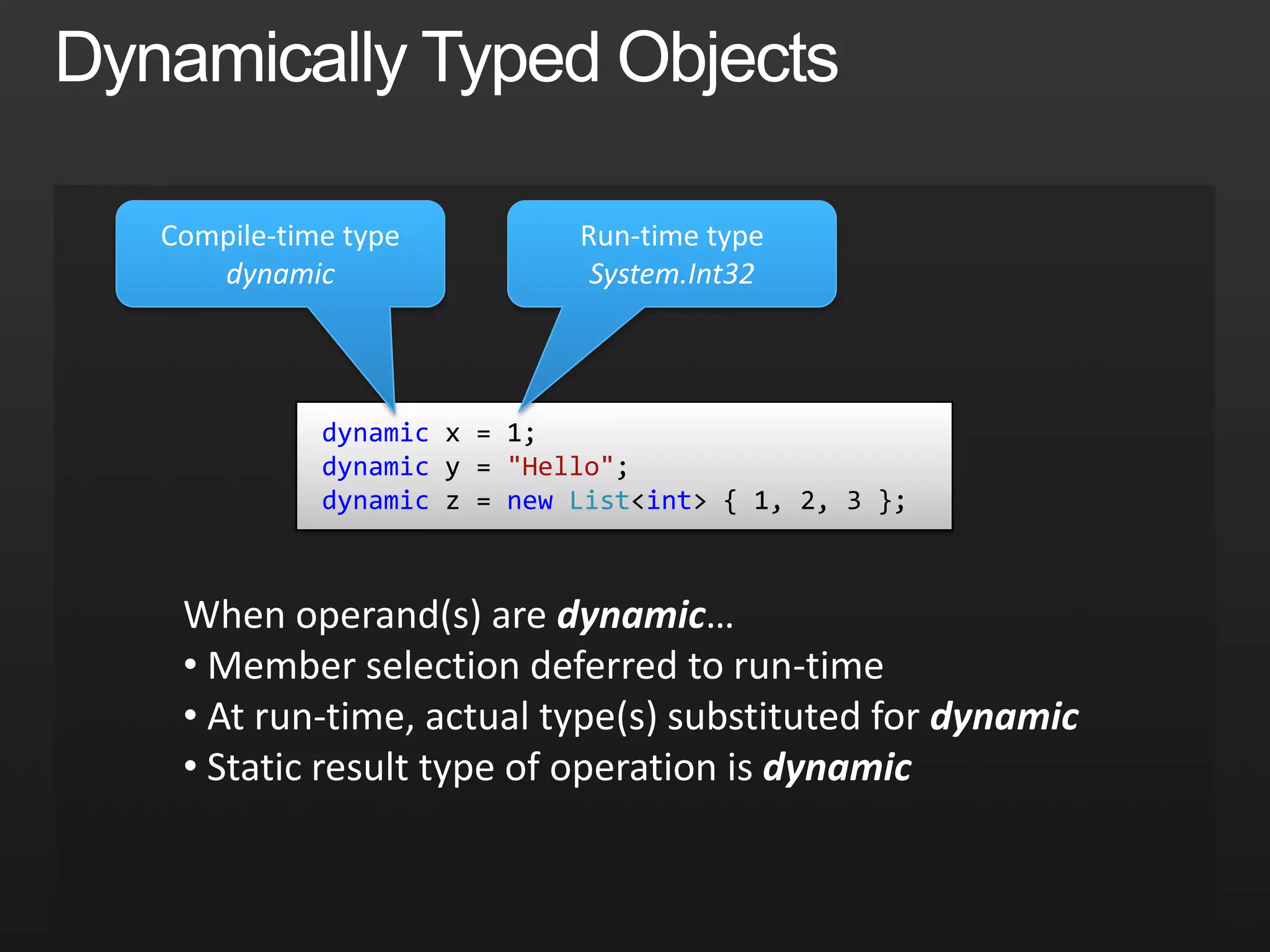 Dynamically Typed ObjectsCompile-time typedynamicRun-time typeSystem.Int32dynamic x = 1;dynamic y = "Hello";dynamic z = newList<int> { 1, 2, 3 };When operand(s) are dynamic… Member selection deferred to run-time