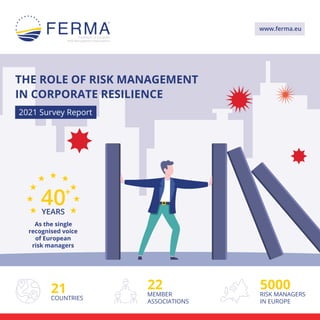 2021 Survey Report
21
COUNTRIES
5000
RISK MANAGERS
IN EUROPE
22
MEMBER
ASSOCIATIONS
40+
YEARS
As the single
recognised voi...