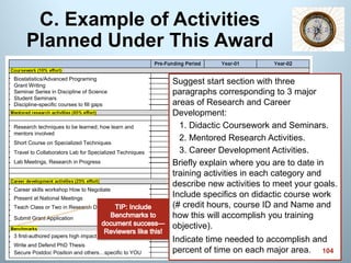 C. Example of Activities
Planned Under This Award
3 first-authored papers high impact journals
Career skills workshop How to Negotiate
Present at National Meetings
Teach Class or Two in Research Discipline
Research techniques to be learned; how learn and
mentors involved
Short Course on Specialized Techniques
Biostatistics/Advanced Programing
Grant Writing
Seminar Series in Discipline of Science
Student Seminars
Discipline-specific courses to fill gaps
Travel to Collaborators Lab for Specialized Techniques
Lab Meetings, Research in Progress
Write and Defend PhD Thesis
Submit Grant Application
Secure Postdoc Position and others…specific to YOU
Suggest start section with three
paragraphs corresponding to 3 major
areas of Research and Career
Development:
1. Didactic Coursework and Seminars.
2. Mentored Research Activities.
3. Career Development Activities.
Briefly explain where you are to date in
training activities in each category and
describe new activities to meet your goals.
Include specifics on didactic course work
(# credit hours, course ID and Name and
how this will accomplish you training
objective).
Indicate time needed to accomplish and
percent of time on each major area. 104
 