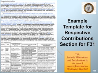 Example
Template for
Respective
Contributions
Section for F31
106
TIP:
Include Milestones
and Benchmarks to
document
accomplishments—
Reviewers like this!
 