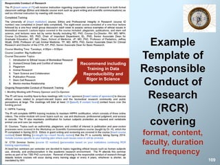 Example
Template of
Responsible
Conduct of
Research
(RCR)
covering
format, content,
faculty, duration
and frequency
109
Recommend including
Training in Data
Reproducibility and
Rigor in Science
 