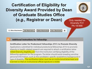 Certification of Eligibility for
Diversity Award Provided by Dean
of Graduate Studies Office
(e.g., Registrar or Dean)
127
Only needed for
Diversity F31
PA-18-666
 