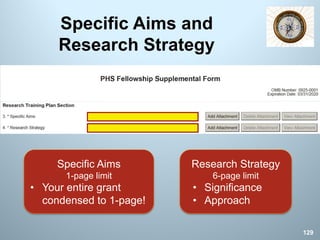 Specific Aims and
Research Strategy
Specific Aims
1-page limit
• Your entire grant
condensed to 1-page!
Research Strategy
6-page limit
• Significance
• Approach
129
 