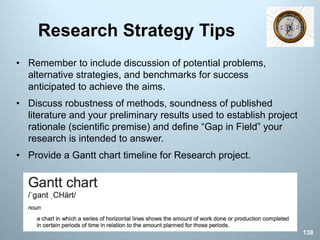 Research Strategy Tips
• Remember to include discussion of potential problems,
alternative strategies, and benchmarks for success
anticipated to achieve the aims.
• Discuss robustness of methods, soundness of published
literature and your preliminary results used to establish project
rationale (scientific premise) and define “Gap in Field” your
research is intended to answer.
• Provide a Gantt chart timeline for Research project.
138
 