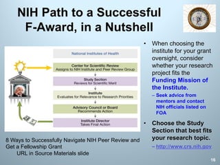 NIH Path to a Successful
F-Award, in a Nutshell
• When choosing the
institute for your grant
oversight, consider
whether your research
project fits the
Funding Mission of
the Institute.
– Seek advice from
mentors and contact
NIH officials listed on
FOA
• Choose the Study
Section that best fits
your research topic.
– http://www.crs.nih.gov
16
8 Ways to Successfully Navigate NIH Peer Review and
Get a Fellowship Grant
URL in Source Materials slide
 