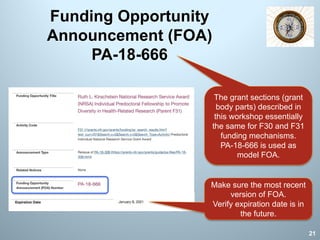Funding Opportunity
Announcement (FOA)
PA-18-666
21
The grant sections (grant
body parts) described in
this workshop essentially
the same for F30 and F31
funding mechanisms.
PA-18-666 is used as
model FOA.
Make sure the most recent
version of FOA.
Verify expiration date is in
the future.
 