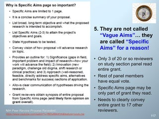 • Only 3 of 20 or so reviewers
on study section panel read
entire grant.
• Rest of panel members
have equal vote.
• Specific Aims page may be
only part of grant they read.
• Needs to clearly convey
entire grant to 17 other
reviewers.
117
NIH Peer Review Process Revealed:
https://www.youtube.com/watch?v=lzBhKeR6VIE
5. They are not called
“Vague Aims”… they
are called “Specific
Aims” for a reason!
 