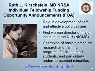 Ruth L. Kirschstein, MD NRSA
Individual Fellowship Funding
Opportunity Announcements (FOA)
• Role in development of safe
and effective polio vaccine
• First woman director of major
institute at the NIH (NIGMS)
• Champion of basic biomedical
research and training
programs for all talented
students, and particularly
underrepresented minorities.
http://www.nih.gov/about/kirschstein/
14
 