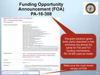 Funding Opportunity
Announcement (FOA)
PA-16-308
20
The grant sections (grant
body parts) described in this
workshop are almost the
same for F30 and F31
funding mechanisms.
PA-16-308 used as model.
Make sure the most recent
version of FOA
 