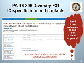 PA-16-308 Diversity F31
IC-specific info and contacts
https://grants.nih.gov/grants/guide/contacts/
parent_F31_diversity.html
23
Scroll
down
web page
to see
info
specific
to your IC
 