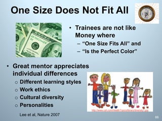 One Size Does Not Fit All
• Trainees are not like
Money where
– “One Size Fits All” and
– “Is the Perfect Color”
66
Lee et al, Nature 2007
• Great mentor appreciates
individual differences
o Different learning styles
o Work ethics
o Cultural diversity
o Personalities
http://www.cyh.com/HealthTopics/library/diversity1.jpg
 