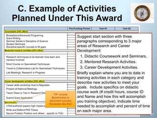 C. Example of Activities
Planned Under This Award
3 first-authored papers high impact journals
Career skills workshop How to Negotiate
Present at National Meetings
Teach Class or Two in Research Discipline
Research techniques to be learned; how learn and
mentors involved
Short Course on Specialized Techniques
Biostatistics/Advanced Programing
Grant Writing
Seminar Series in Discipline of Science
Student Seminars
Discipline-specific courses to fill gaps
Travel to Collaborators Lab for Specialized Techniques
Lab Meetings, Research in Progress
Write and Defend PhD Thesis
Submit Grant Application
Secure Postdoc Position and others…specific to YOU
Suggest start section with three
paragraphs corresponding to 3 major
areas of Research and Career
Development:
1. Didactic Coursework and Seminars.
2. Mentored Research Activities.
3. Career Development Activities.
Briefly explain where you are to date in
training activities in each category and
describe new activities to meet your
goals. Include specifics on didactic
course work (# credit hours, course ID
and Name and how this will accomplish
you training objective). Indicate time
needed to accomplish and percent of time
on each major area.
91
TIP: Include
Benchmarks to
document success
Reviewers like this!
 