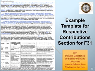 Example
Template for
Respective
Contributions
Section for F31
93
TIP:
Include Milestones
and Benchmarks to
document
accomplishments—
Reviewers like this!
 