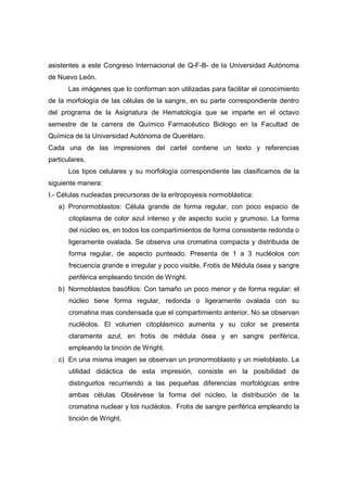 asistentes a este Congreso Internacional de Q-F-B- de la Universidad Autónoma
de Nuevo León.
       Las imágenes que lo conforman son utilizadas para facilitar el conocimiento
de la morfología de las células de la sangre, en su parte correspondiente dentro
del programa de la Asignatura de Hematología que se imparte en el octavo
semestre de la carrera de Químico Farmacéutico Biólogo en la Facultad de
Química de la Universidad Autónoma de Querétaro.
Cada una de las impresiones del cartel contiene un texto y referencias
particulares.
       Los tipos celulares y su morfología correspondiente las clasificamos de la
siguiente manera:
I.- Células nucleadas precursoras de la eritropoyesis normoblástica:
   a) Pronormoblastos: Célula grande de forma regular, con poco espacio de
       citoplasma de color azul intenso y de aspecto sucio y grumoso. La forma
       del núcleo es, en todos los compartimientos de forma consistente redonda o
       ligeramente ovalada. Se observa una cromatina compacta y distribuida de
       forma regular, de aspecto punteado. Presenta de 1 a 3 nucléolos con
       frecuencia grande e irregular y poco visible. Frotis de Médula ósea y sangre
       periférica empleando tinción de Wright.
   b) Normoblastos basófilos: Con tamaño un poco menor y de forma regular: el
       núcleo tiene forma regular, redonda o ligeramente ovalada con su
       cromatina mas condensada que el compartimiento anterior. No se observan
       nucléolos. El volumen citoplásmico aumenta y su color se presenta
       claramente azul, en frotis de médula ósea y en sangre periférica,
       empleando la tinción de Wright.
   c) En una misma imagen se observan un pronormoblasto y un mieloblasto. La
       utilidad didáctica de esta impresión, consiste en la posibilidad de
       distinguirlos recurriendo a las pequeñas diferencias morfológicas entre
       ambas células. Obsérvese la forma del núcleo, la distribución de la
       cromatina nuclear y los nucléolos. Frotis de sangre periférica empleando la
       tinción de Wright.
 