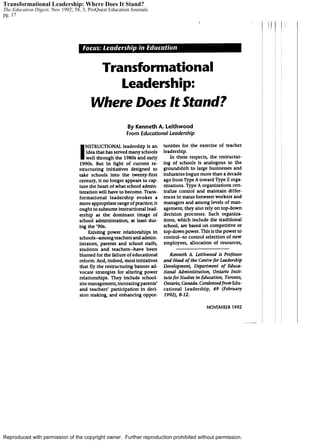 Reproduced with permission of the copyright owner. Further reproduction prohibited without permission.
Transformational Leadership: Where Does It Stand?
The Education Digest; Nov 1992; 58, 3; ProQuest Education Journals
pg. 17
 