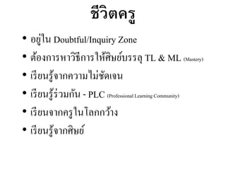 ชีวิตครู
• อยู่ใน Doubtful/Inquiry Zone
• ต้องการหาวิธีการให้ศิษย์บรรลุ TL & ML (Mastery)
• เรียนรู้จากความไม่ชัดเจน
• เรียนรู้ร่วมกัน - PLC (Professional Learning Community)
• เรียนจากครูในโลกกว้าง
• เรียนรู้จากศิษย์
 