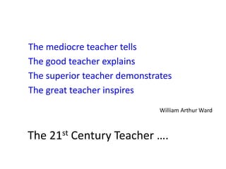 The mediocre teacher tells
The good teacher explains
The superior teacher demonstrates
The great teacher inspires
William Arthur Ward
The 21st Century Teacher ….
 