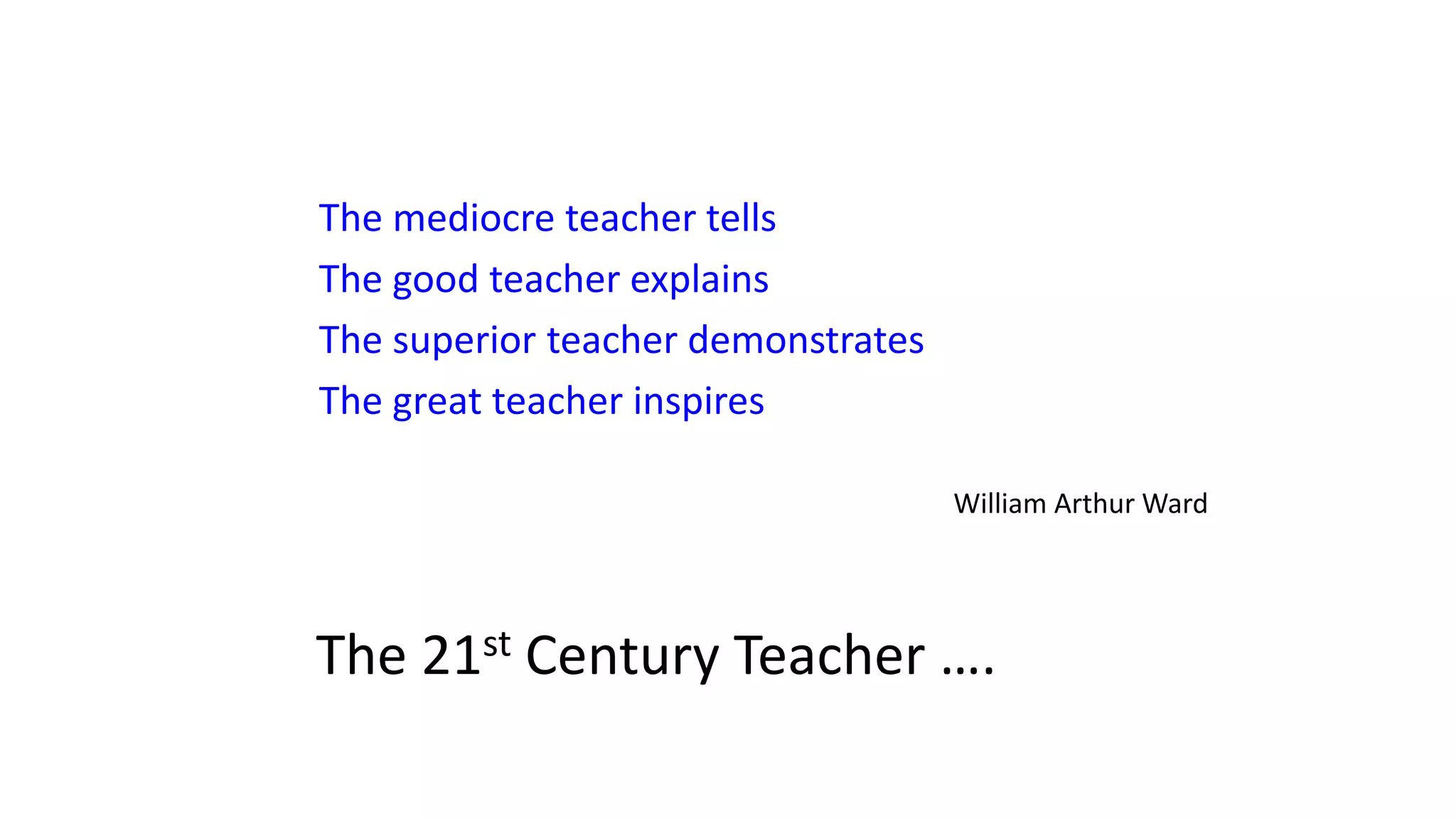 The mediocre teacher tells
The good teacher explains
The superior teacher demonstrates
The great teacher inspires
William Arthur Ward
The 21st Century Teacher ….
 