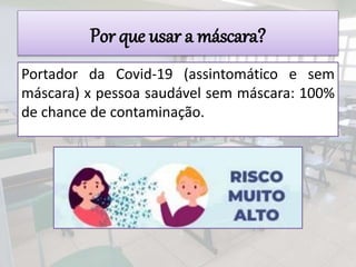 Por que usar a máscara?
Portador da Covid-19 (assintomático e sem
máscara) x pessoa saudável sem máscara: 100%
de chance de contaminação.
 