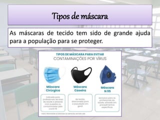 Tipos de máscara
As máscaras de tecido tem sido de grande ajuda
para a população para se proteger.
 