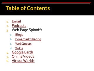 1.    Email
2.    Podcasts
3.    Web Page Spinoffs
     a.   Blogs
     b.   Bookmark Sharing
     c.   WebQuests
     d.   Wikis
4.    Google Earth
5.    Online Videos
6.    Virtual Worlds
 