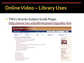    TWU Libraries Subject Guide Pages.
    http://www.twu.edu/library/search/guides.htm
 