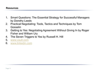 Resources


1. Smart Questions: The Essential Strategy for Successful Managers
   by Dorothy Leeds
2. Practical Negotiating: Tools, Tactics and Techniques by Tom
   Gosselin
3. Getting to Yes: Negotiating Agreement Without Giving In by Roger
   Fisher and William Ury
4. The Seven Triggers to Yes by Russell H. Hill
5. www.vault.com
6. www.linkedin.com




Page 11
 
