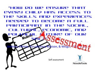 “How do we ensure that
every child has access to
the skills and experiences
needed to become a full
participant in the social,
cultural, economic, and
political future of our
society?”
(Jenkins, Clinton, Purushotma, Robison, & Weigel, 2006, p. 56).
Self assessment
 