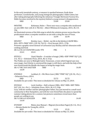 In the early twentieth century, a romance is sparked between, freak show
performer, CoralieSardie, and young immigrant photographer, Eddie Cohen, but
after taking photographs following the infamous Triangle Shirtwaist Factory fire,
Eddie becomes involved in the mystery behind a young woman's disappearance.
HRD 1 23.84 23.84
0856TM3 Ketteman, Helen -- There once was a cowpoke who swallowed
an ant [ KIR+ SLJ+ ] {IL K-3, 782.42} -- Albert Whitman & Company, 2014., RL 3.9,
32p
An illustrated version of the folk song in which the solution proves worse than the
predicament when a cowpoke swallows an ant with a sting the size of Texas.
HRD 1 16.99 16.99
0852VE7 Knisley, Lucy -- Relish : my life in the kitchen [ ALEW BKL+
BUL+ NYT+ PWK* VOY+ ] {IL YA, 741.5} -- First Second, 2013., 173p
Presents a graphic novel memoir of cartoonist Lucy Knisley and her obsession with
cooking and food.
AR: 6.2 UG 2.0 156967EN Lexile: 970 FBG 1
22.61 22.61
0555CL1 Lloyd, Natalie -- A snicker of magic [ BKL+ KIR* PWK* SLJ* ] {IL
3-6, -Fic-} -- Scholastic Press, 2014., RL 4, 311p
The Pickles are new to Midnight Gulch, Tennessee, a town which legend says was
once magic--but Felicity is convinced the magic is still there, and with the help of her
new friend Jonah the Beedle she hopes to bring the magic back.
AR: 4.7 MG 10.0 164275EN HRD 1 14.49
14.49
0705WL9 Lockhart, E -- We Were Liars [ BKL* PWK* SLJ* ] {IL YA, -Fic-} -
- Delacorte Press, c2014.
HRD 1 22.72 22.72
Available for pre-order: This item is scheduled for release on May 13, 2014.
0555GL0 Lord, Cynthia -- Half a chance [ BKL+ BUL* HRN+ KIR* PWK+
SLJ* ] {IL 3-6, -Fic-} -- Scholastic Press, 2014., RL 4.3, 218p
Lucy, with her mother and her photographer father, has just moved to a small rural
community in New Hampshire, and with her new friend Nate she plans to spend the
summer taking photos for a contest, but pictures sometimes reveal more than
people are willing to see.
AR: 4.5 MG 6.0 163432EN HRD 1 14.49
14.49
0729GM7 Mateo, Jose Manual -- Migrant (Accordian Pages) {IL 3-6, -Fic-}
-- Abrams Books for Young Re, c2014.
MOV 1 15.31 15.31
Available for pre-order: This item is scheduled for release on May 13, 2014.
 