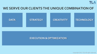 WE SERVE OUR CLIENTSTHE UNIQUE COMBINATION OF
DATA STRATEGY CREATIVITY TECHNOLOGY
EXECUTION &OPTIMIZATION
Copyright 2017 TLA All right reserved
 