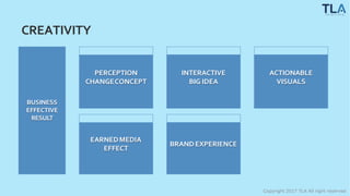 CREATIVITY
BUSINESS
EFFECTIVE
RESULT
PERCEPTION
CHANGECONCEPT
INTERACTIVE
BIG IDEA
ACTIONABLE
VISUALS
EARNEDMEDIA
EFFECT
BRANDEXPERIENCE
Copyright 2017 TLA All right reserved
 
