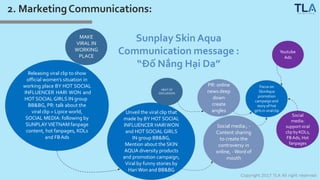 2. MarketingCommunications:
Sunplay Skin Aqua
Communication message :
“Đố Nắng Hại Da”
Releasing viral clip to show
official women’s situation in
working place BY HOT SOCIAL
INFLUENCER HARI WON and
HOT SOCIAL GIRLS IN group
BB&BG, PR: talk about the
viral clip + Lipice world,
SOCIAL MEDIA: following by
SUNPLAYVIETNAM fanpage
content, hot fanpages, KOLs
and FBAds
MAKE
VIRAL IN
WORKING
PLACE
Unveil the viral clip that
made by BY HOT SOCIAL
INFLUENCER HARIWON
and HOT SOCIAL GIRLS
IN group BB&BG,
Mention about the SKIN
AQUA diversity products
and promotion campaign,
Viral by funny stories by
HariWon and BB&BG
Copyright 2017 TLA All right reserved
HEAT OF
DISCUSSION
Social media:, -
Content sharing
to create the
controversy in
online, -Word of
mouth
PR: online
news deep
down
create
angles
Focus on
SkinAqua
promotion
campaign and
story of hot
girls in viralclip
Social
media:
support viral
clip byKOLs,
FBAds, Hot
fanpages
Youtube
Ads
 