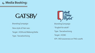 BrandingCampaign
New style of Hair wax
Target : HCM and Mekong Delta
Type :Taxiadvertising
BrandingCampaign
“English for adult”
Type :Taxiadvertising
Target : HCMC
KPI : ROI awareness onTNS>200%
4. Media Booking:
 