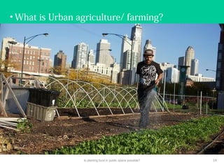 • What is Urban agriculture/ farming?
Is planting food in public space possible? 14
 