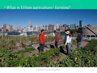• What is Urban agriculture/ farming?
Is planting food in public space possible? 15
 