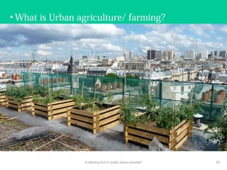 • What is Urban agriculture/ farming?
Is planting food in public space possible? 19
 