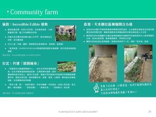 • Community farm
Is planting food in public space possible? 29
 